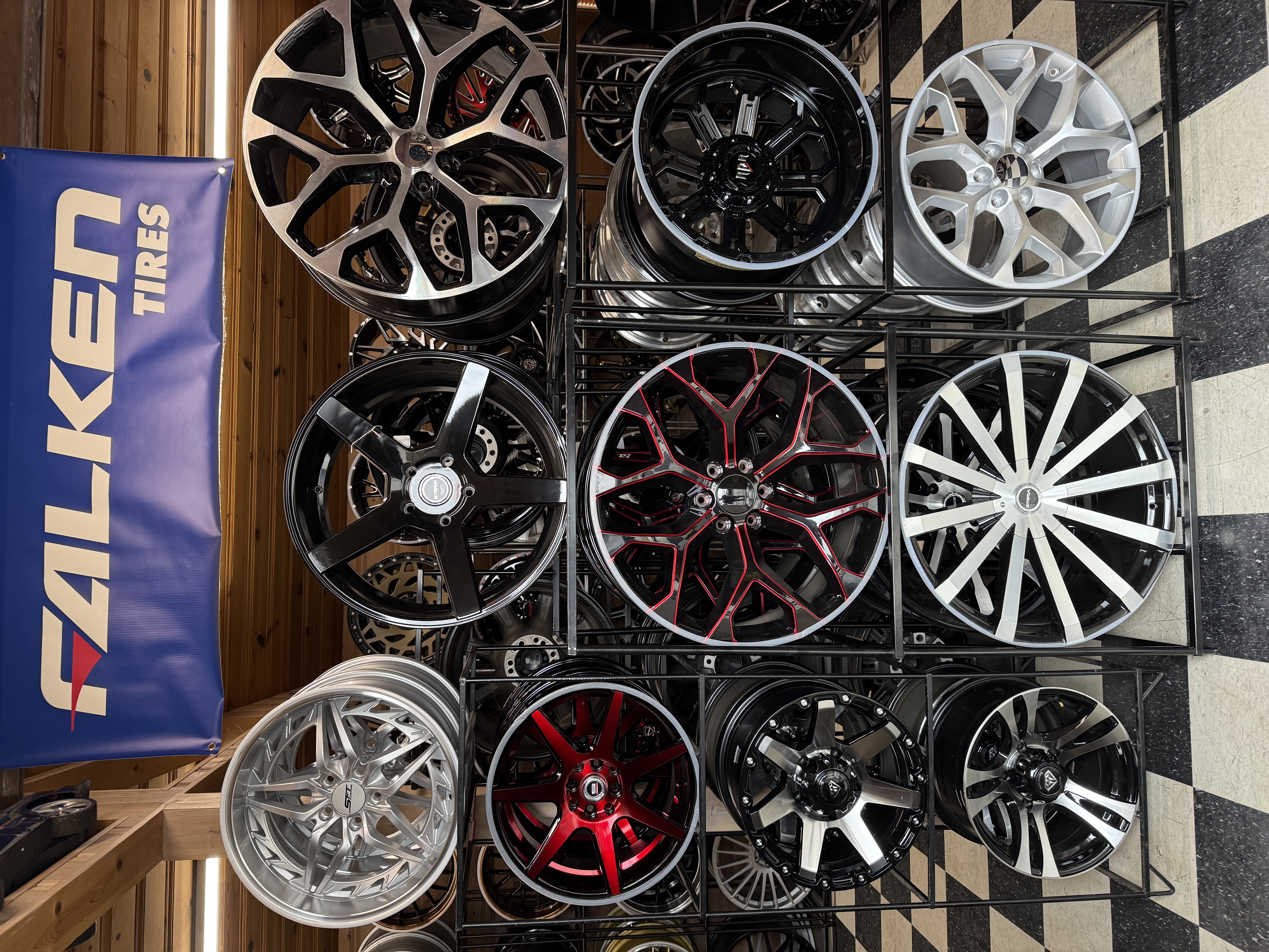 premium wheel display wall inside MC Wheels and Tires